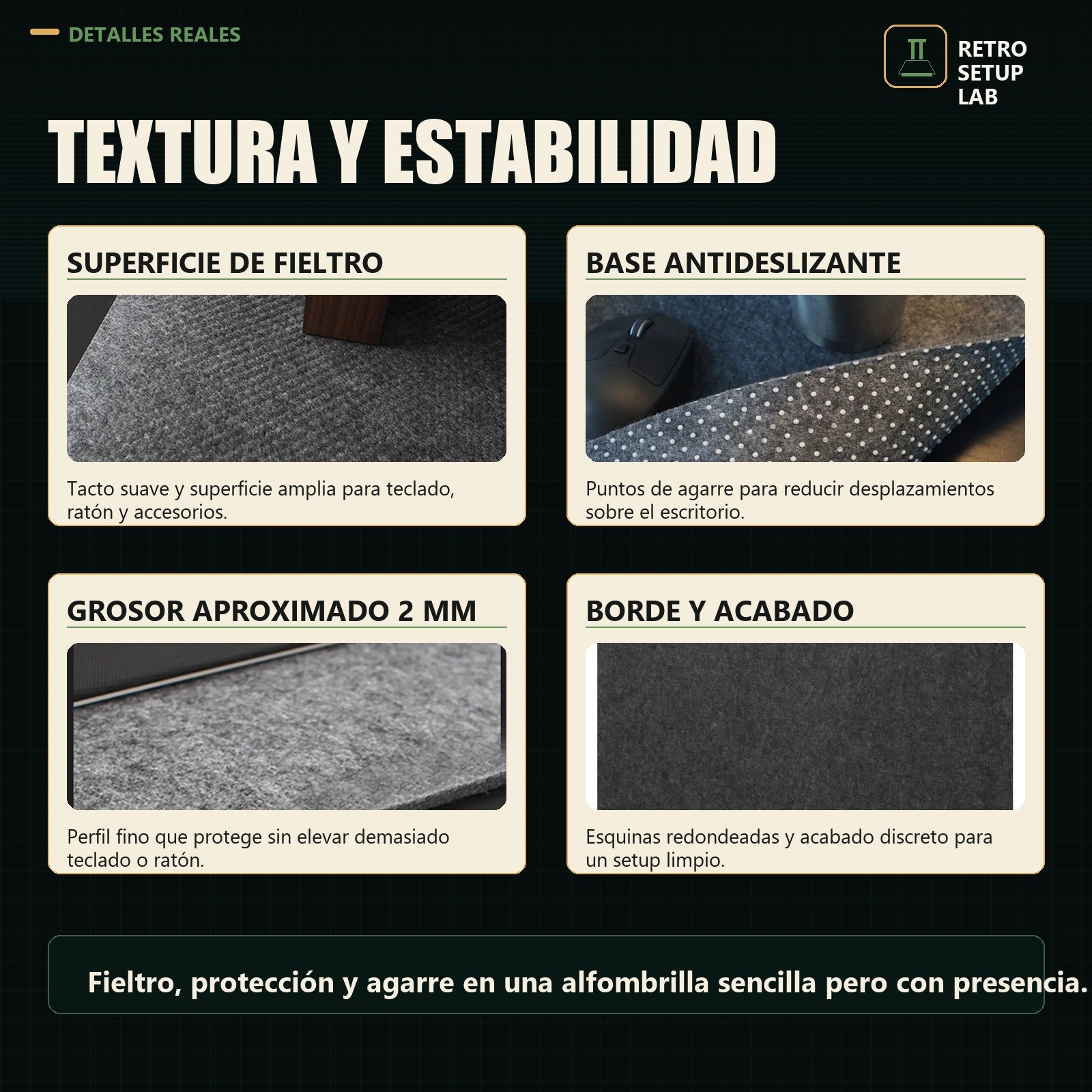 Retro Setup Lab - detalles reales de textura grosor y base antideslizante