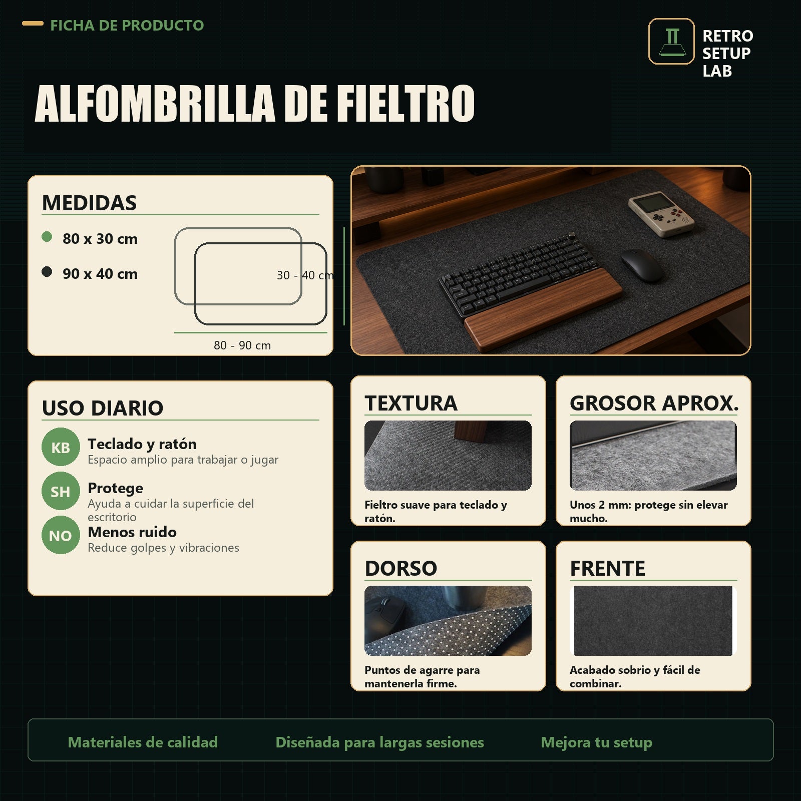 Retro Setup Lab - medidas textura grosor y dorso de alfombrilla de fieltro
