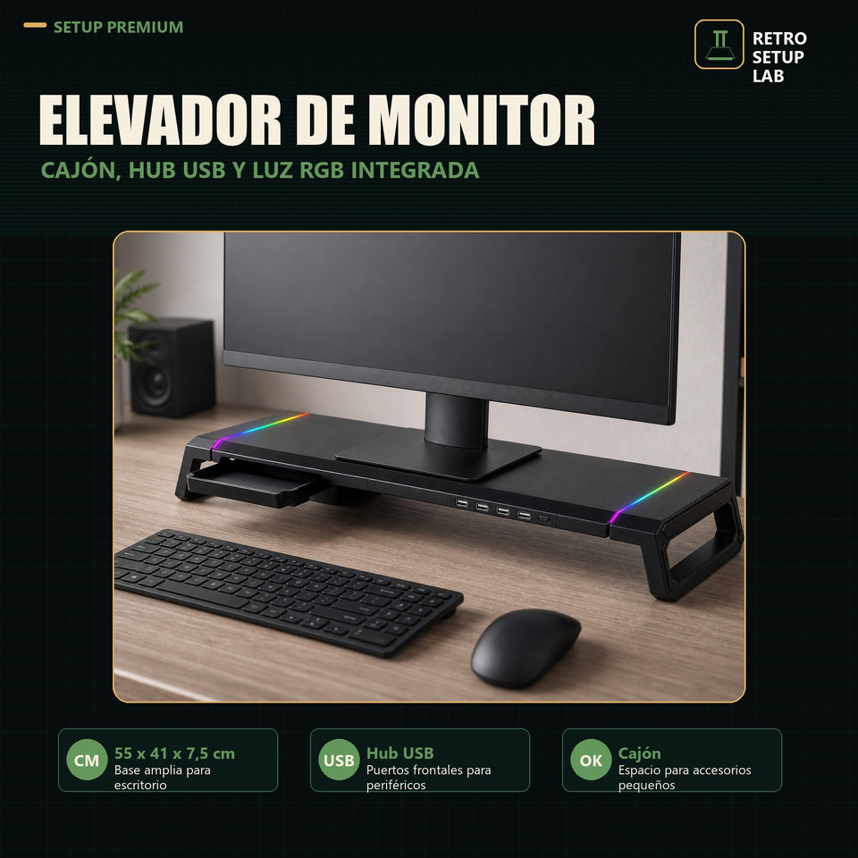 Gaming Monitor Stand + USB Hub - Retro Desk Setup