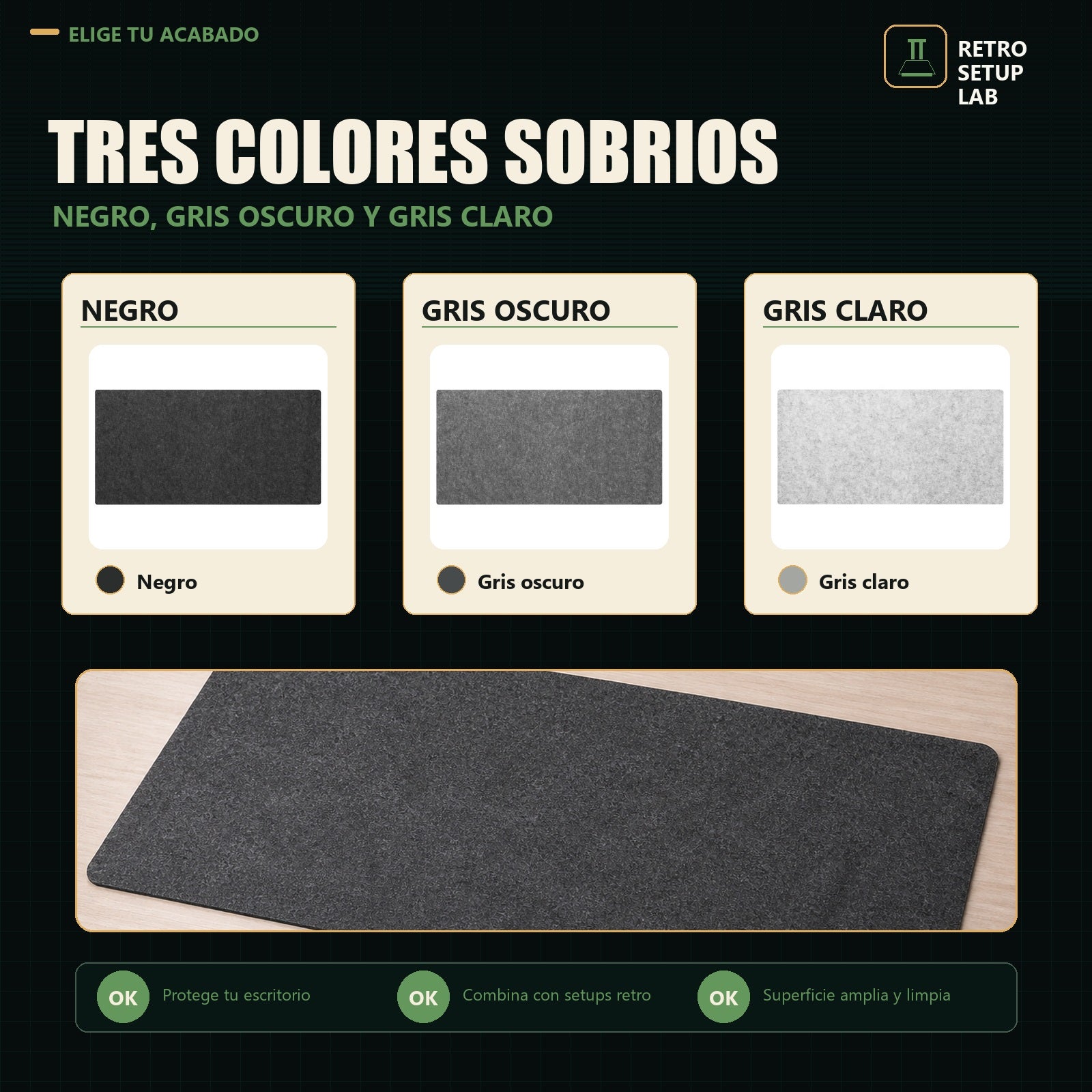 Retro Setup Lab - colores disponibles negro gris oscuro y gris claro